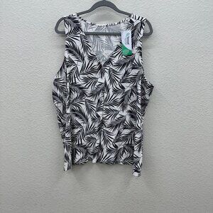 Lands End Black White Palm Leaf Sleeveless Tank Shirt Womens size 2X 20W-22W NEW